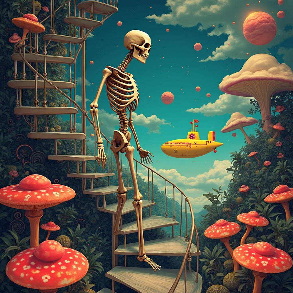 Surreal Skeleton Descends Futuristic Skyscape with Gears and...