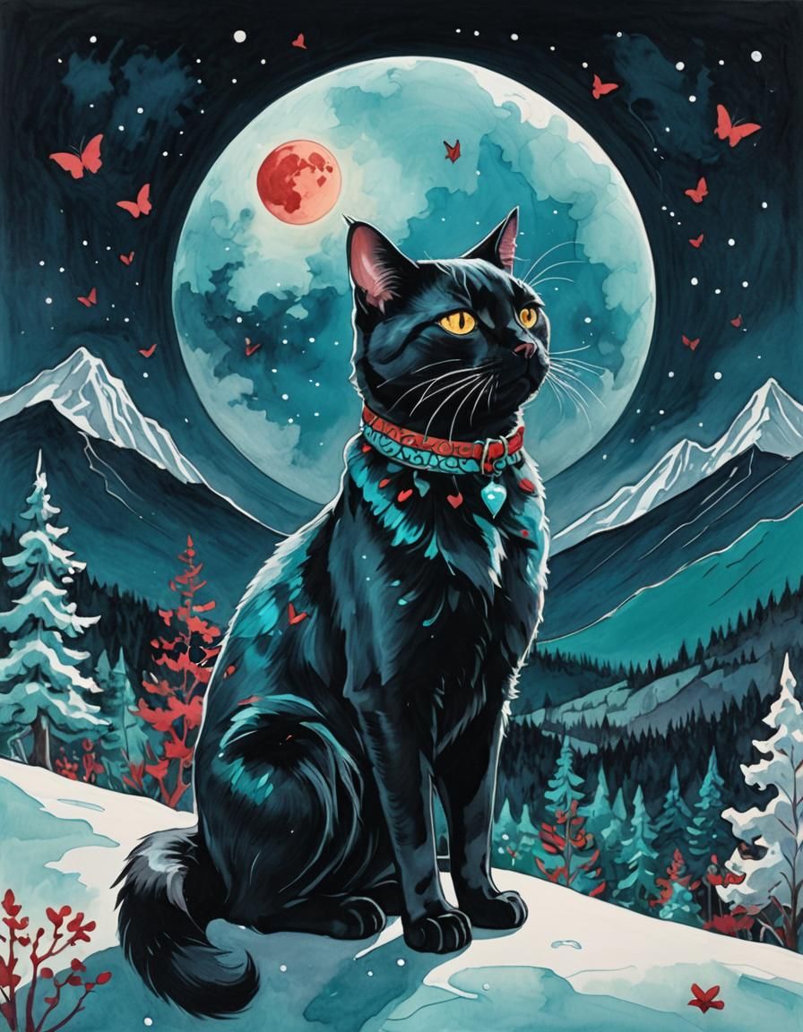 Crimson Collared Black Cat in Dreamlike Landscape