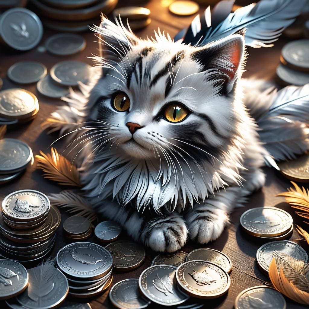Silver Coins with Cat and Feather in Fantasy Style