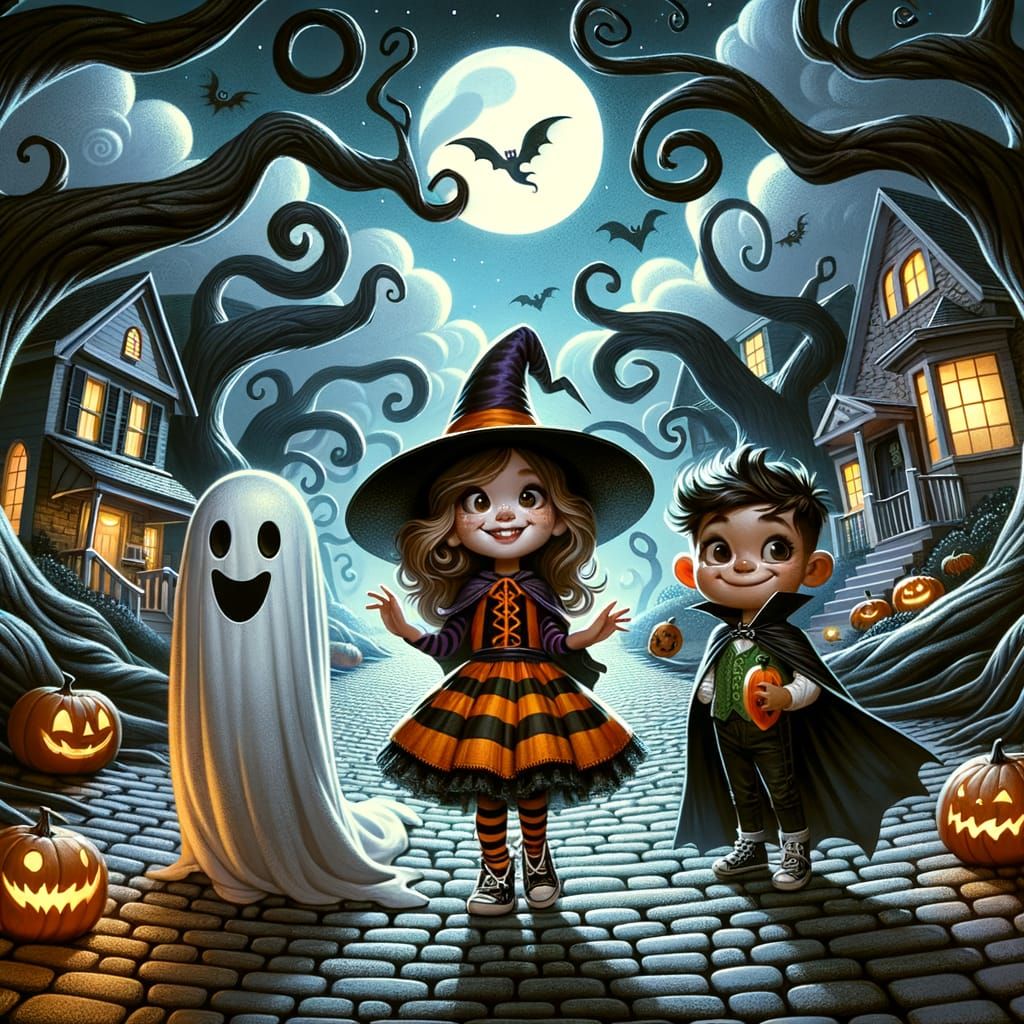 Whimsical Halloween Trick-or-Treat Scene with Children