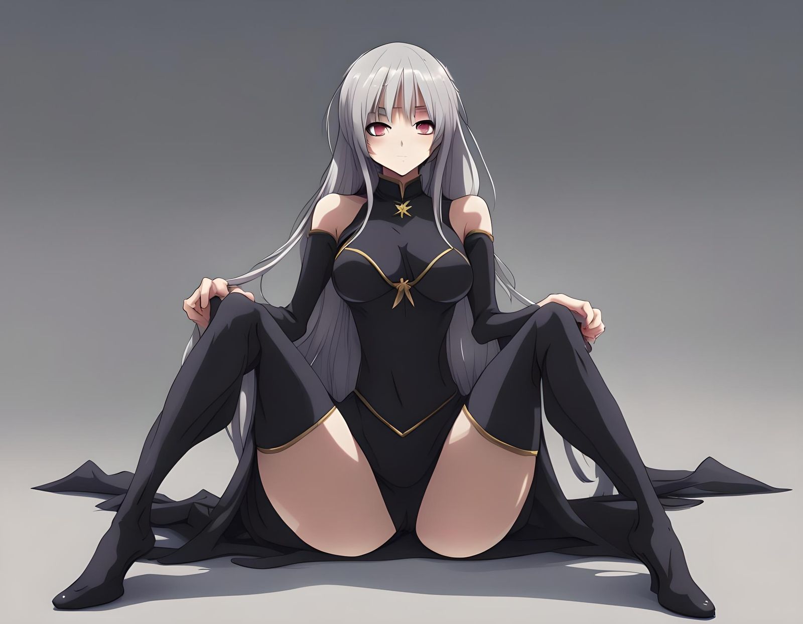 Wizard lady sit black body suit, full body, backside, ground...
