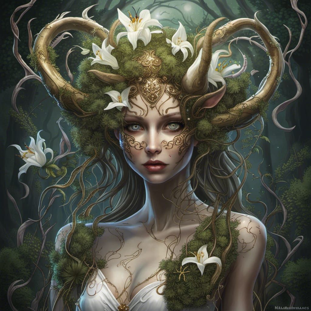 Demonic Forest Spirit Portrait with Lily Flowers