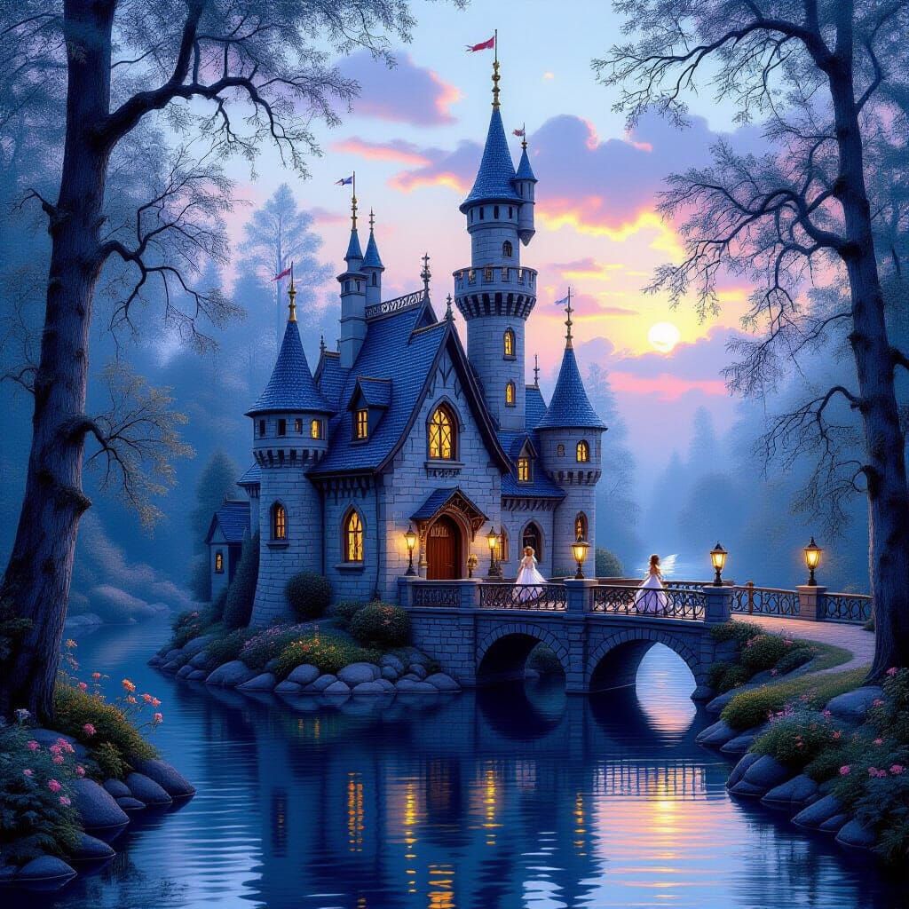Twilight Castle with Sprites in Romantic Photoillustration