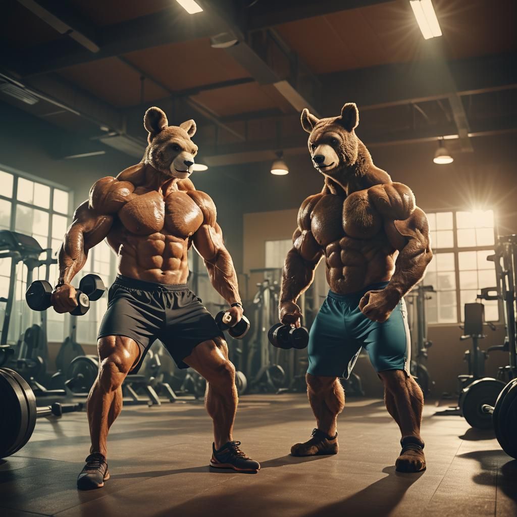 Muscular Hare and Bear Gym Workout: Cinematic Film Still
