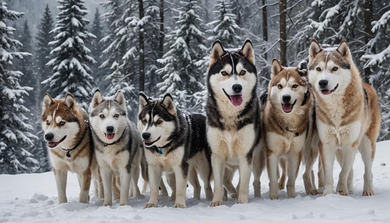 Huskies Playing in a Snowy Mountain Landscape