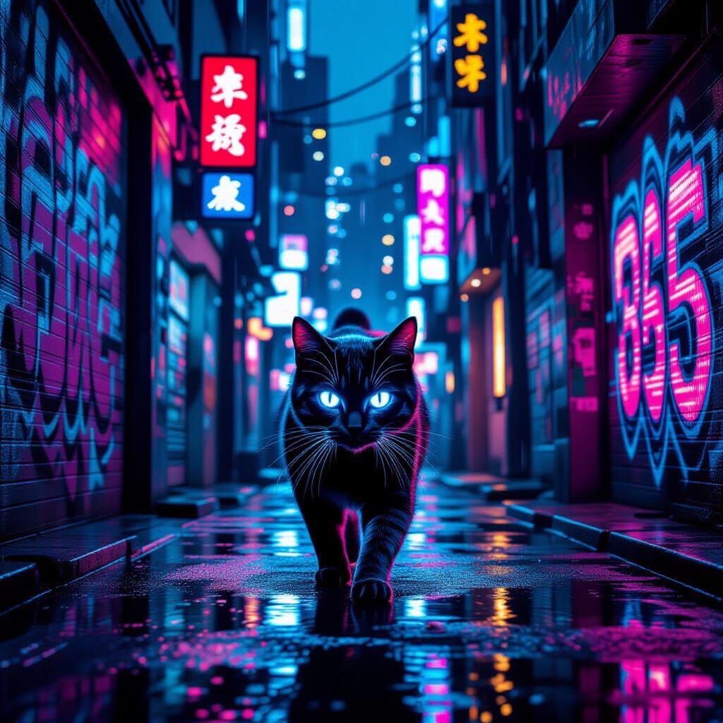 Cybernetic Cat in Neon Metropolis Alleyway