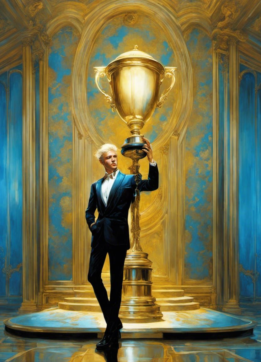 Elated Man Celebrates with Trophy in Surrealist Style