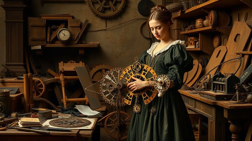 Renaissance Inventress Craftsmanship in Golden Light