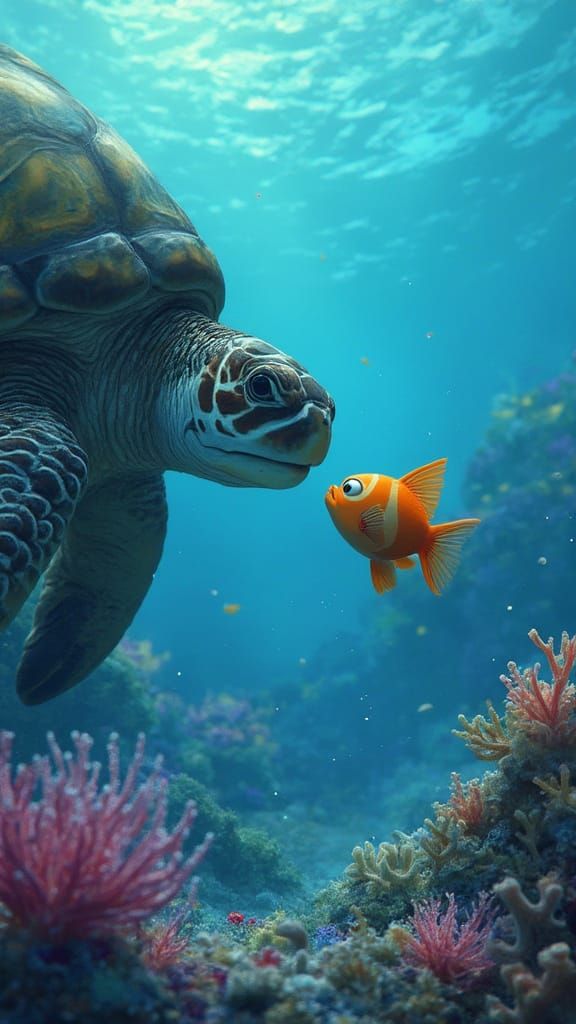Sea Turtle and Tiny Fish in Ghibli Reef