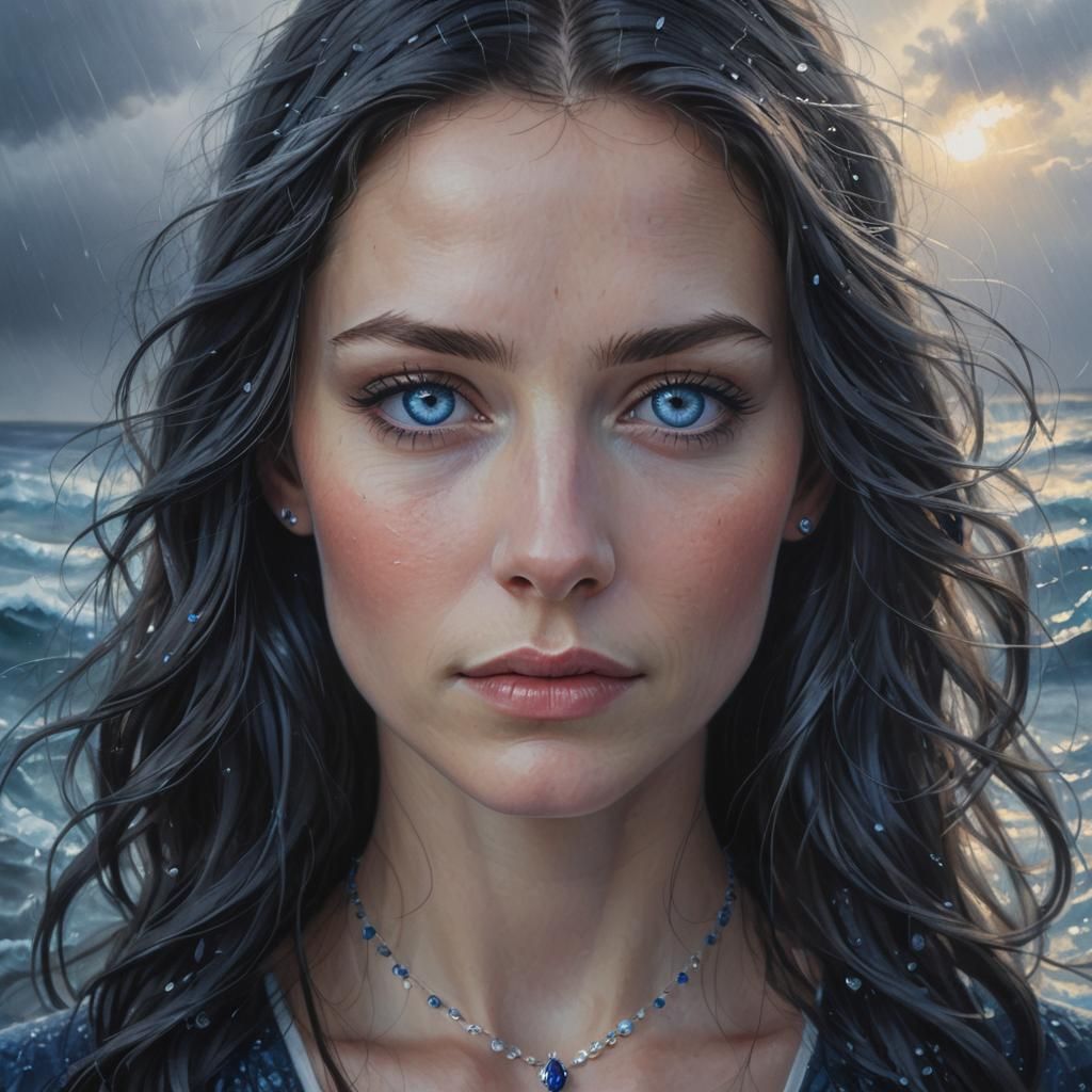 A portrait of a woman with deep, ocean-blue eyes