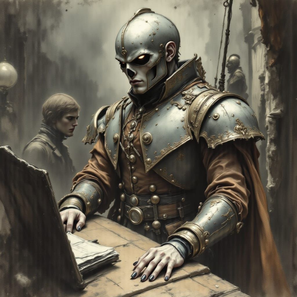 Surreal Knight Writes Decree in Charcoal Shadows