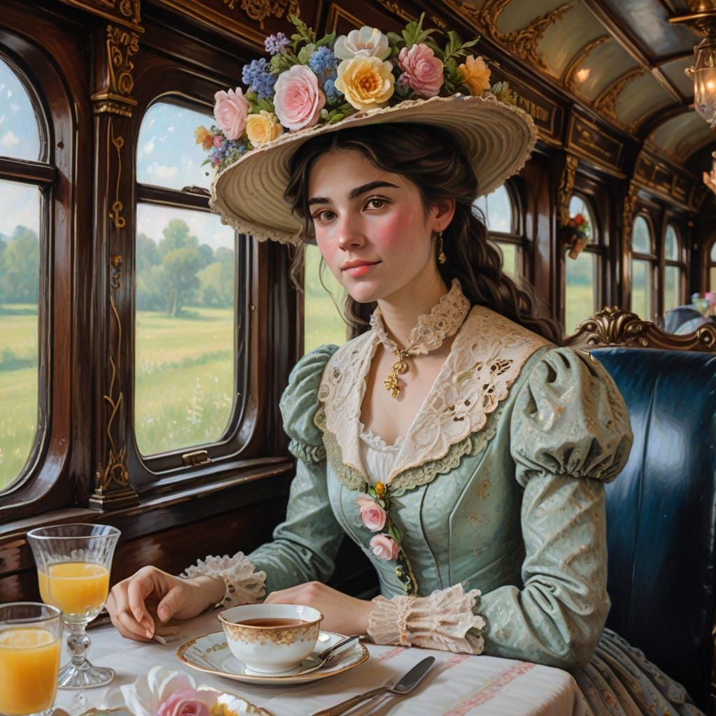 Elegant Young Woman Sits Alone in 1850s Steam Train Carriage