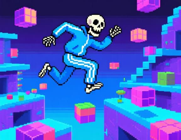 Pixel Art Skeleton Jumper on Floating Course