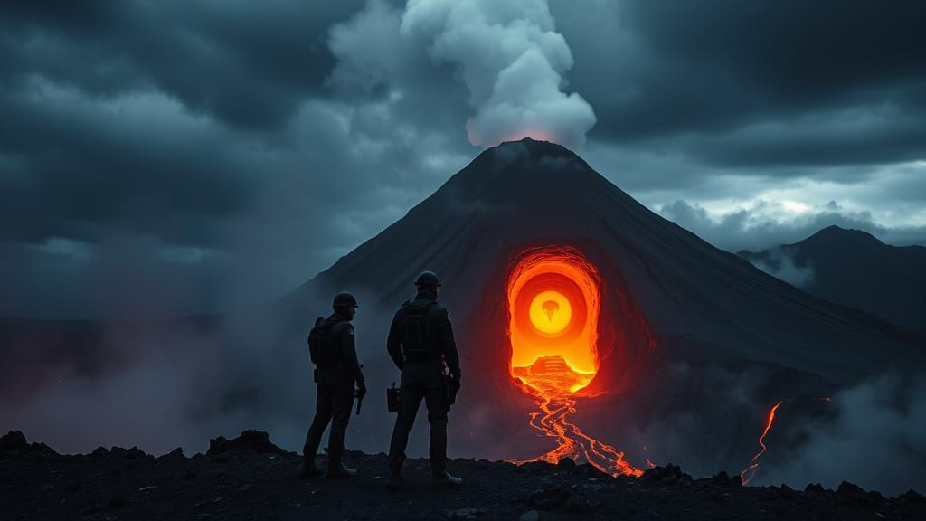 MIB Agents at Volcano Entrance to Alien Base