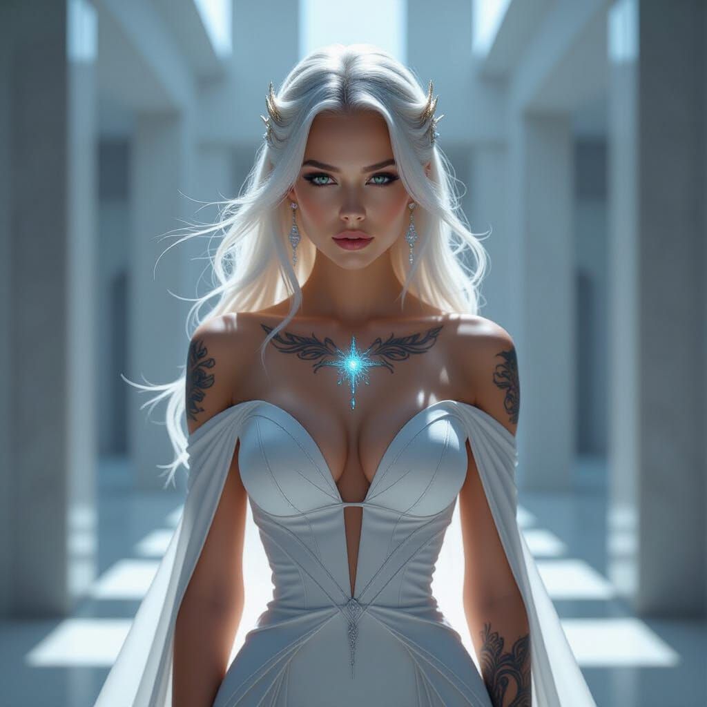 Cosmic Sorceress in Minimalist Temple, Beauty Editorial