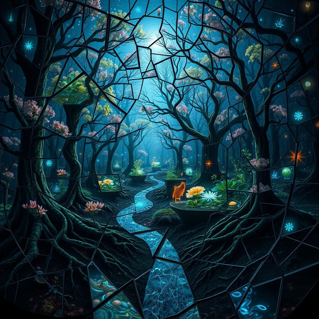 Dreamlike Labyrinth of Shattered Mirrors in Vibrant Bio Art