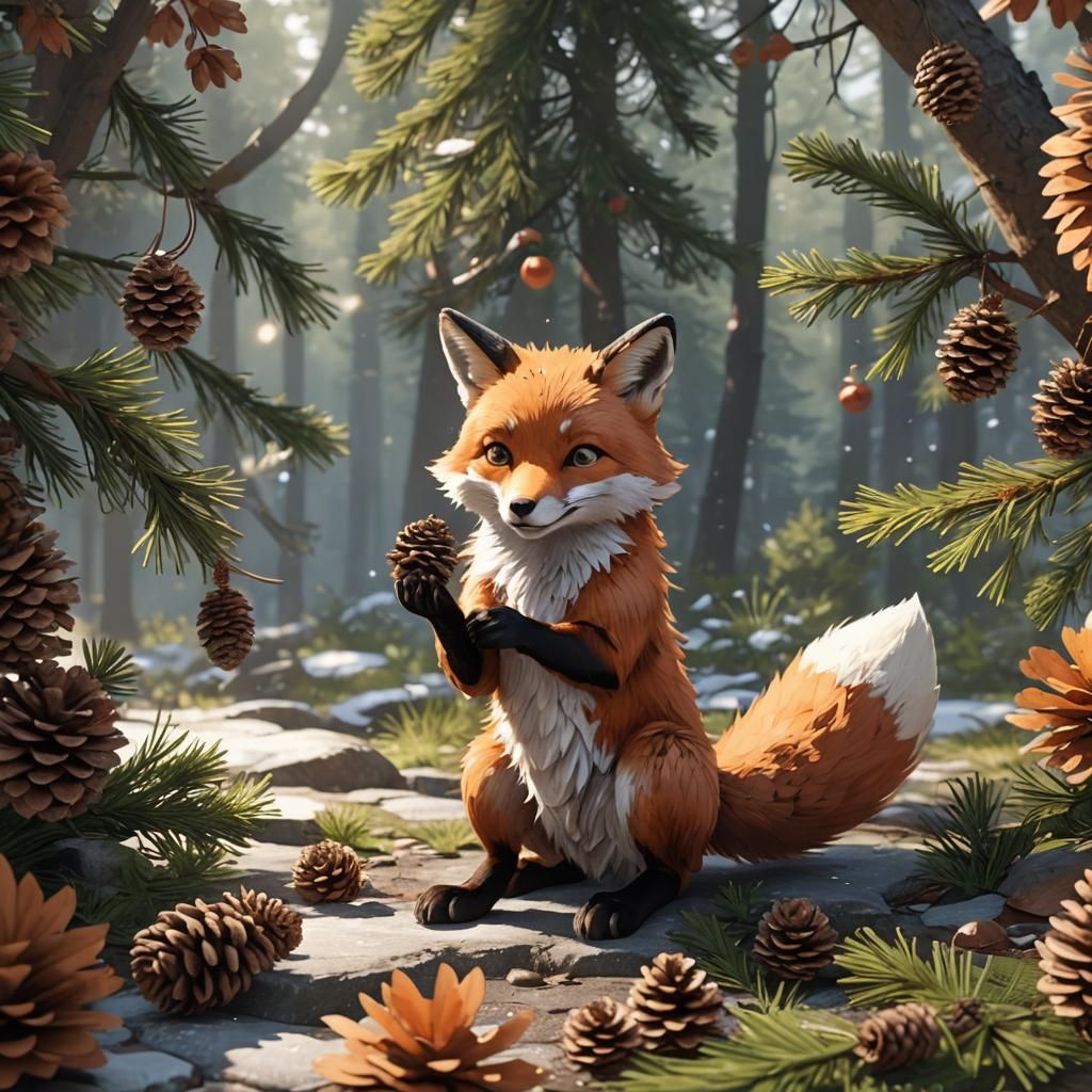 Fox Playing with Pinecone in 3D Anime Style
