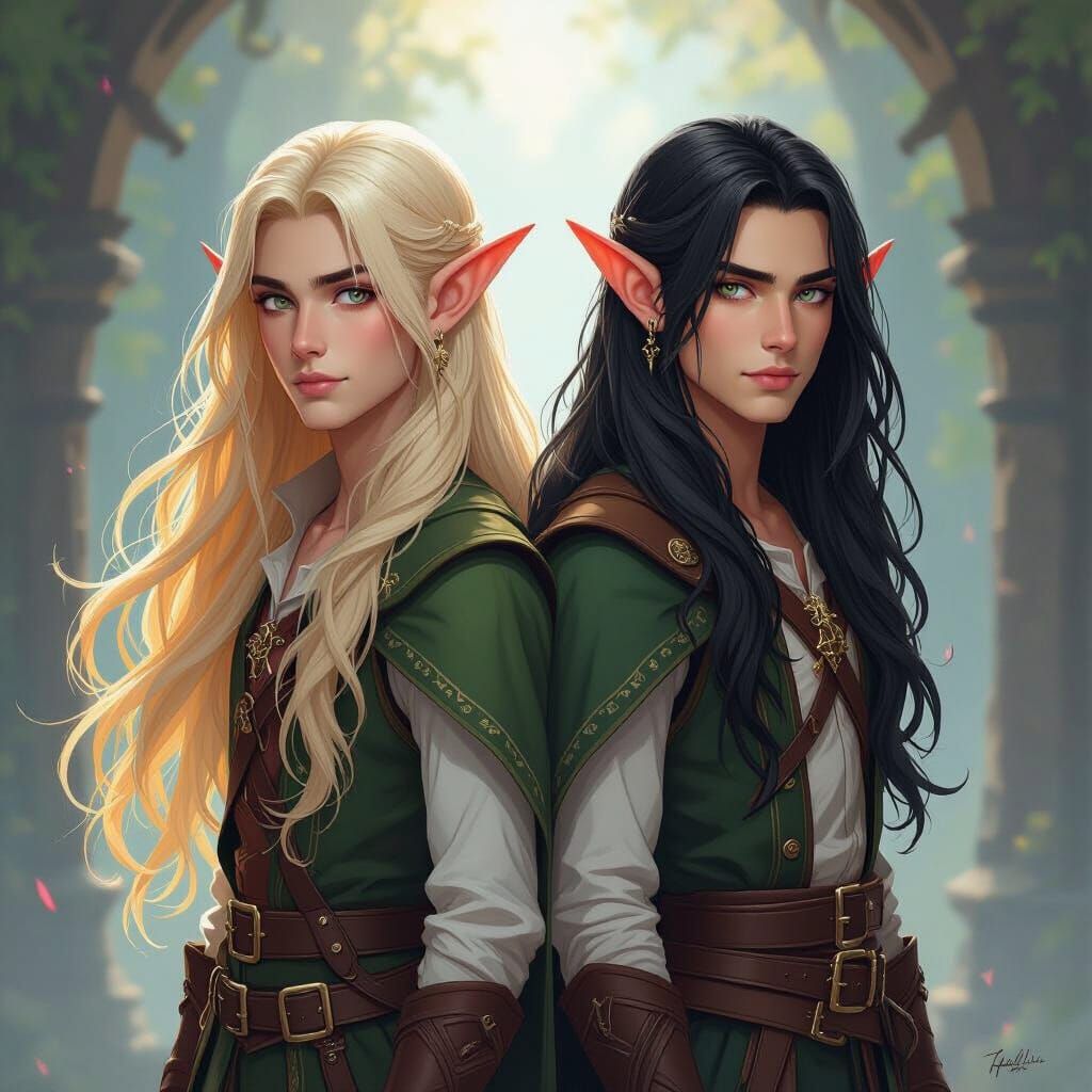Elf Twins: Blonde and Black Hair, Dynamic Fantasy Art