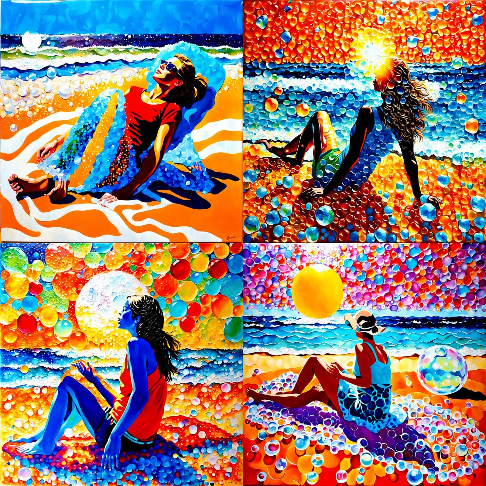 Woman Sunbathing on Beach in Acrylic Bubble Wrap Technique