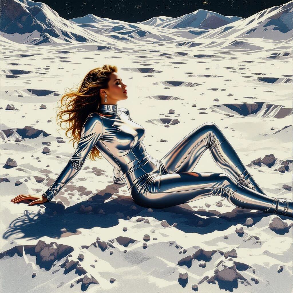 Woman Sunbathing on Moon in Retrofuturistic Style