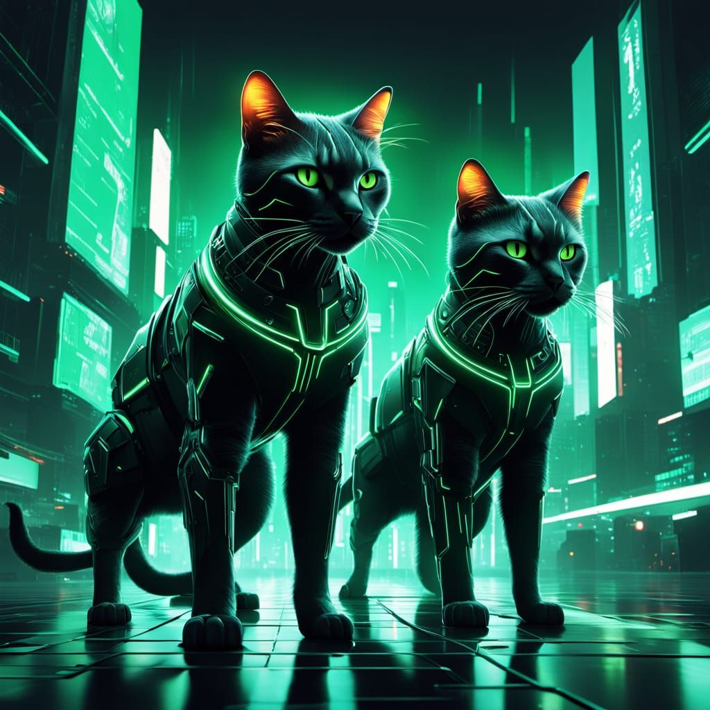 Cyberpunk Feline Friends in Neon Martial Art Pose