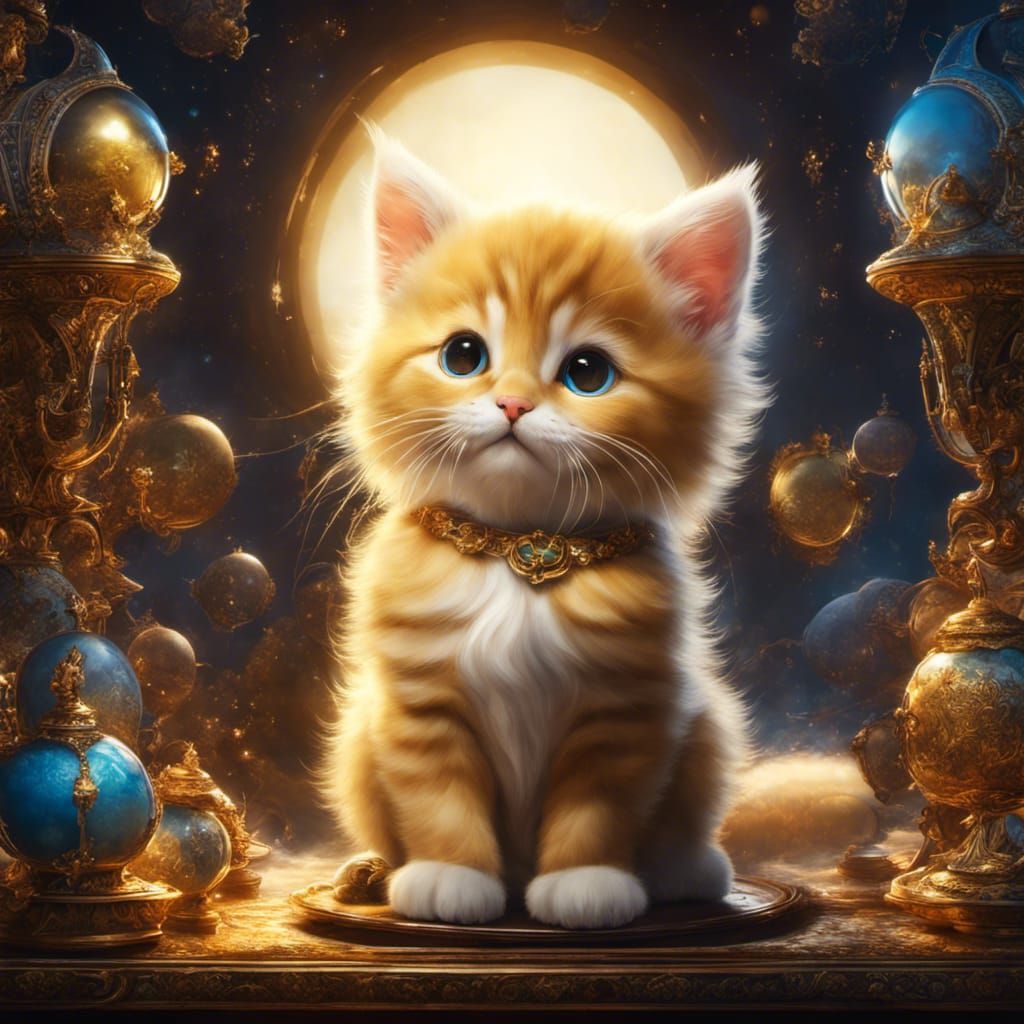 White Kitten Hugging Cloud in Anime Painting