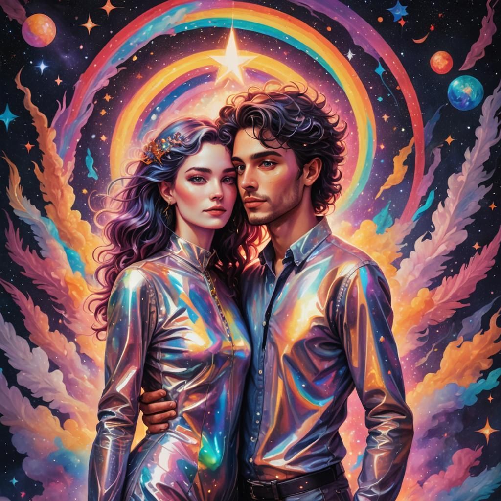 Gender Fluid Couple Celebrate Pride in Holographic Illustrat...