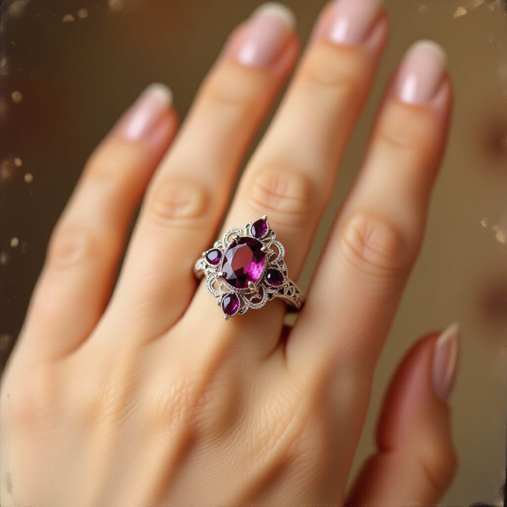 Filigree Ring with Garnet and Amethyst on Hand