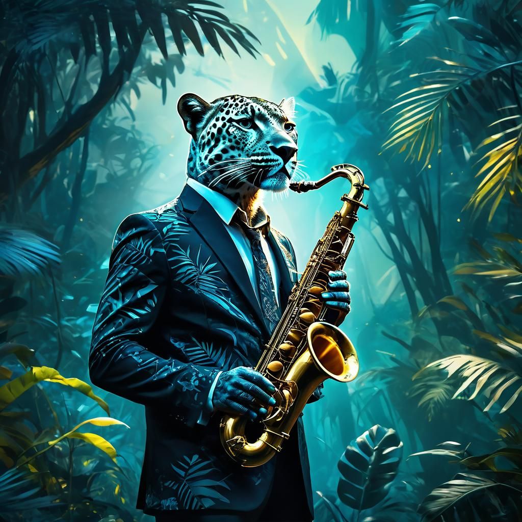Leopard Jazz Musician in Jungle Landscape Oil Painting