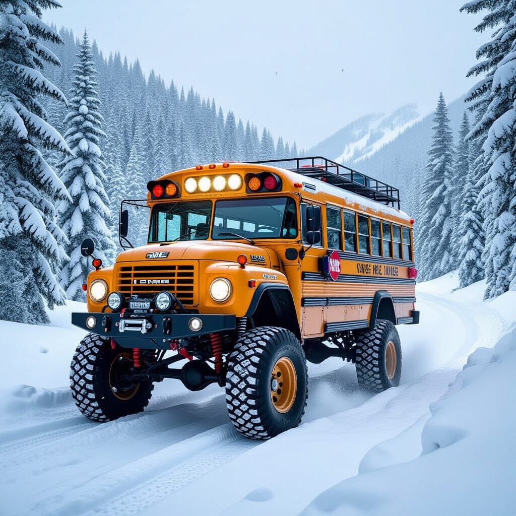 Modified GMC School Bus on Snowy Trail