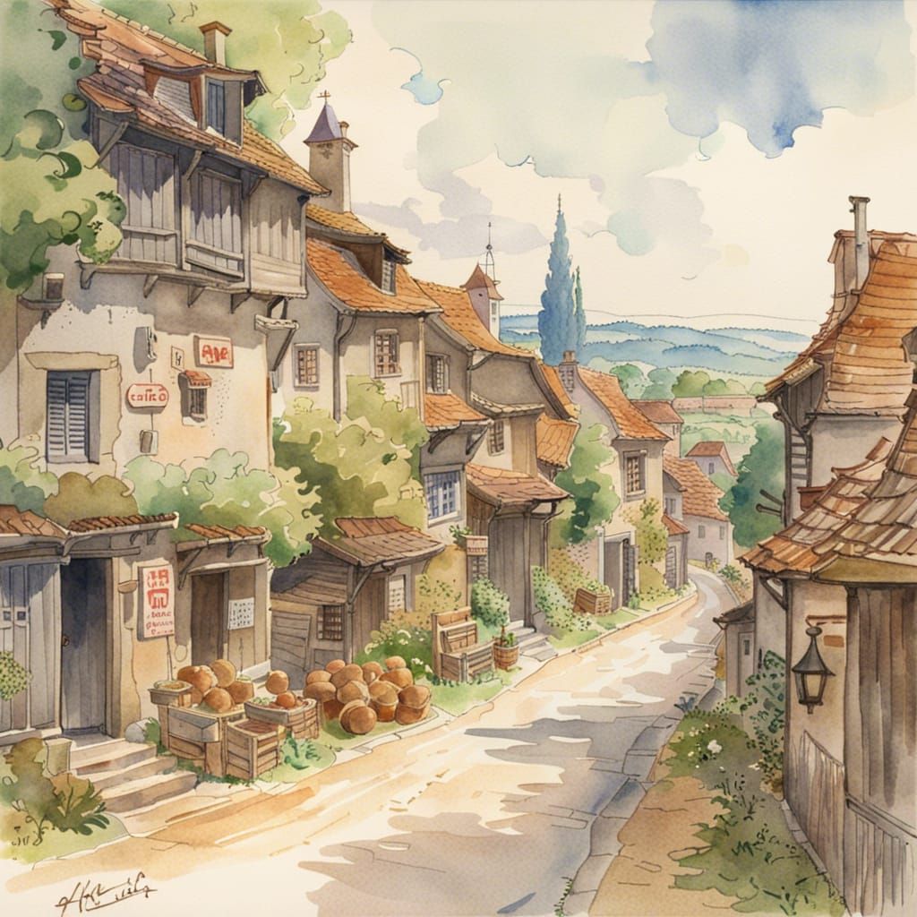 French Village Townscape as Watercolor Art