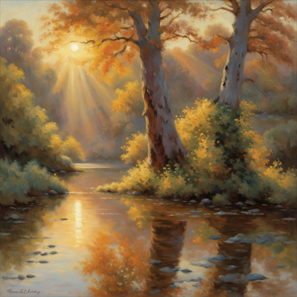 Mirror Forest Reflecting Distorted Sky in Painterly Realism