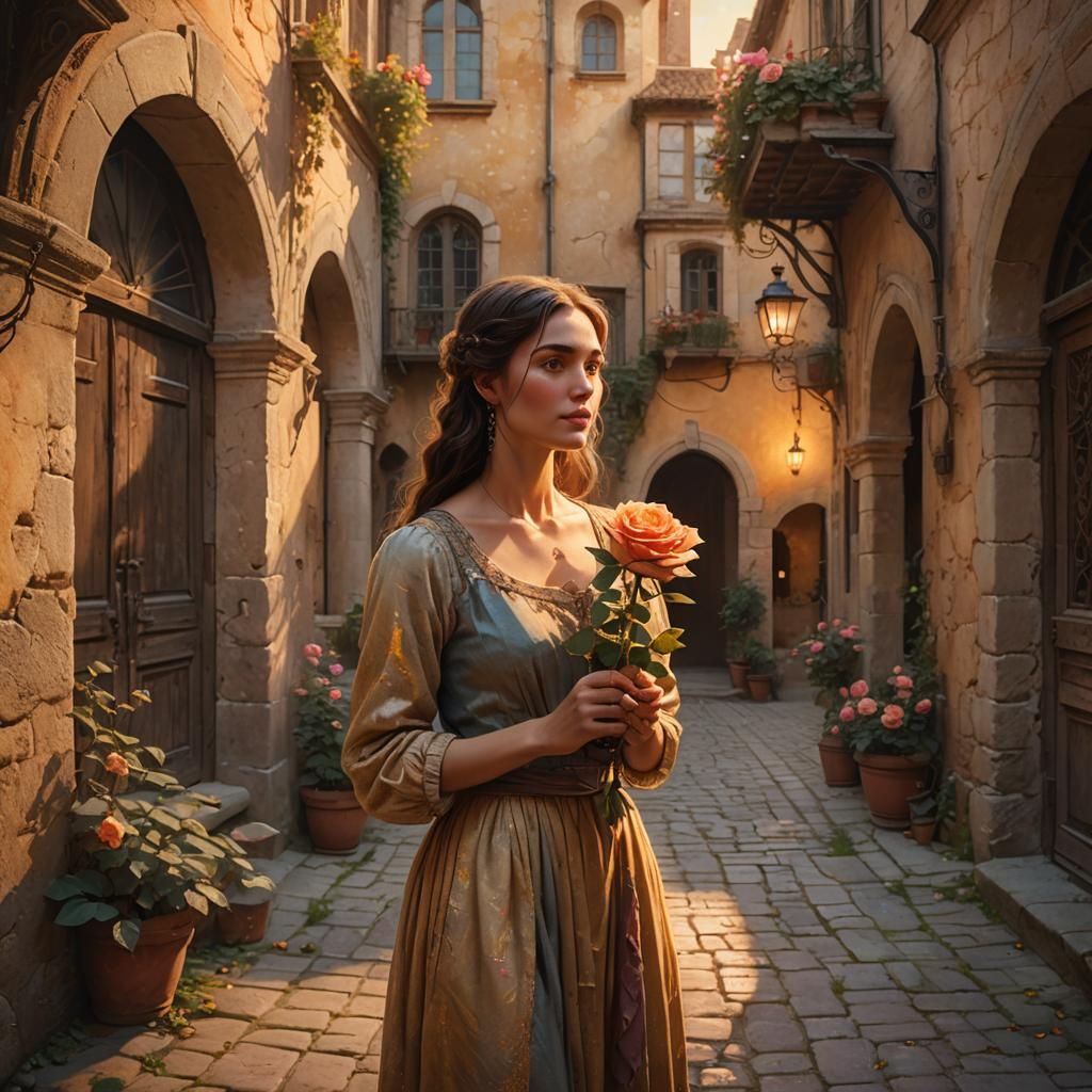 Woman with Rose in Dreamy Courtyard, Fantasy Art
