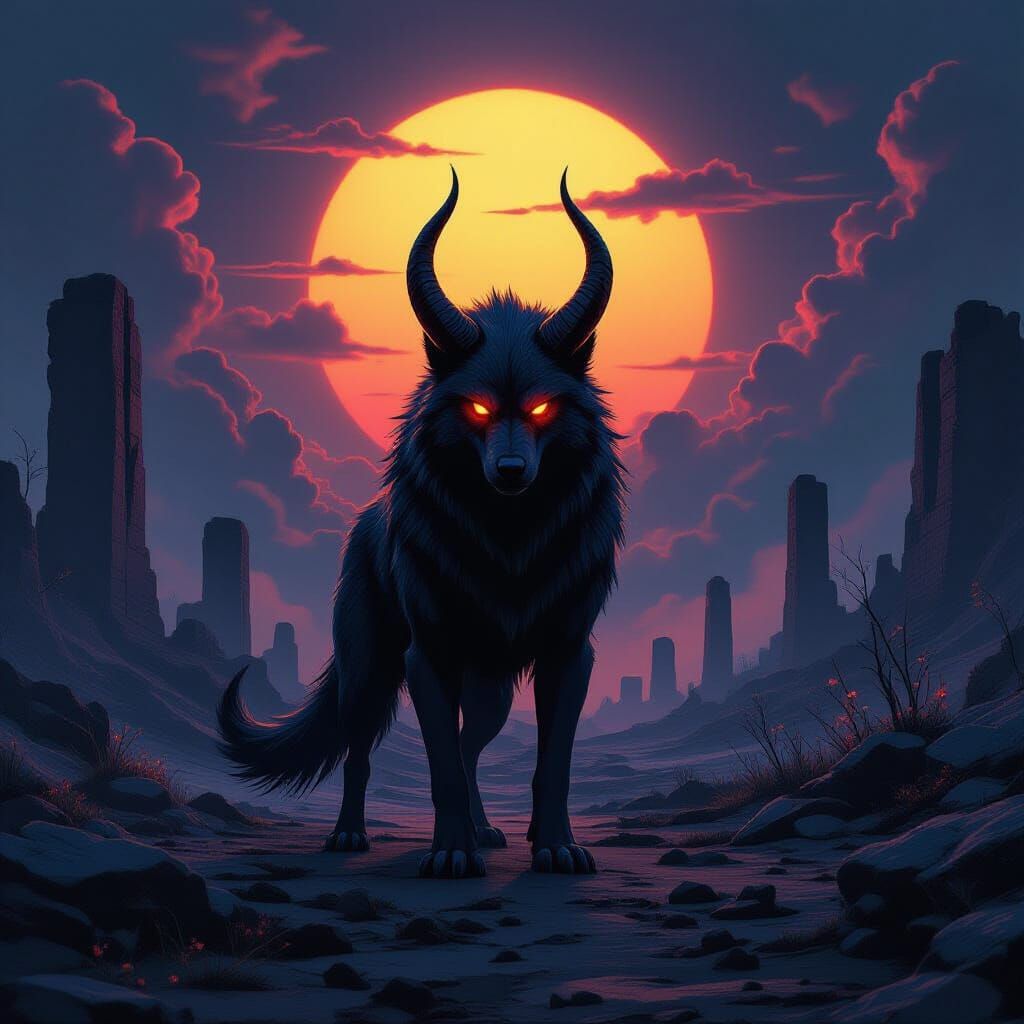 Hellhound on Alien Planet Under Binary Sunset in Dark Fantas...