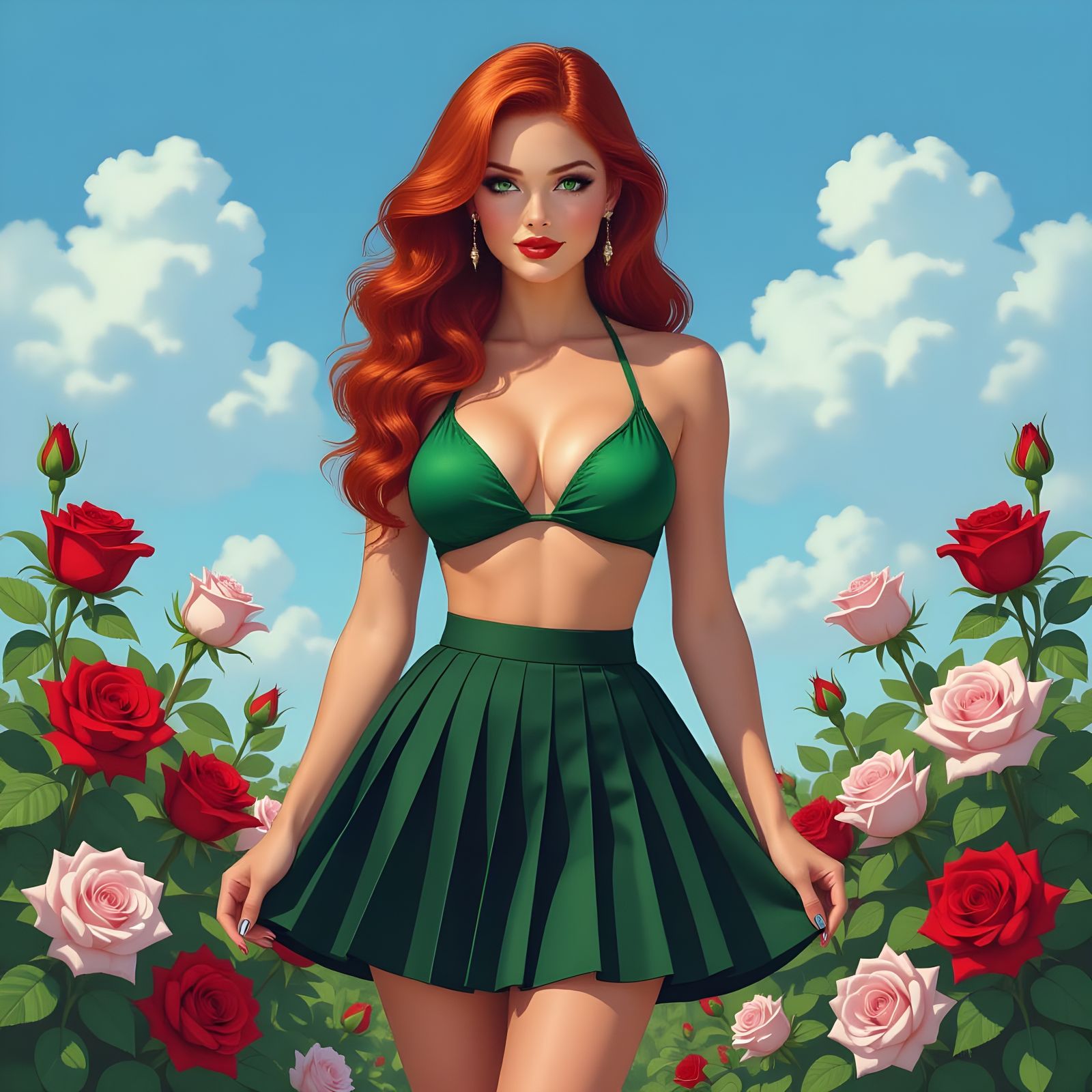 Redhead Among Roses: Hyperrealistic Pin-Up Art