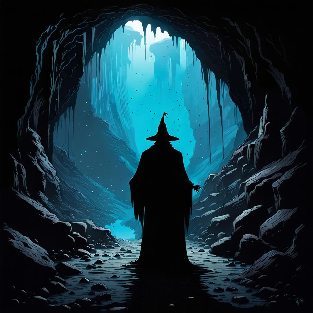 Sinister Wizard Silhouette in Dark Cave