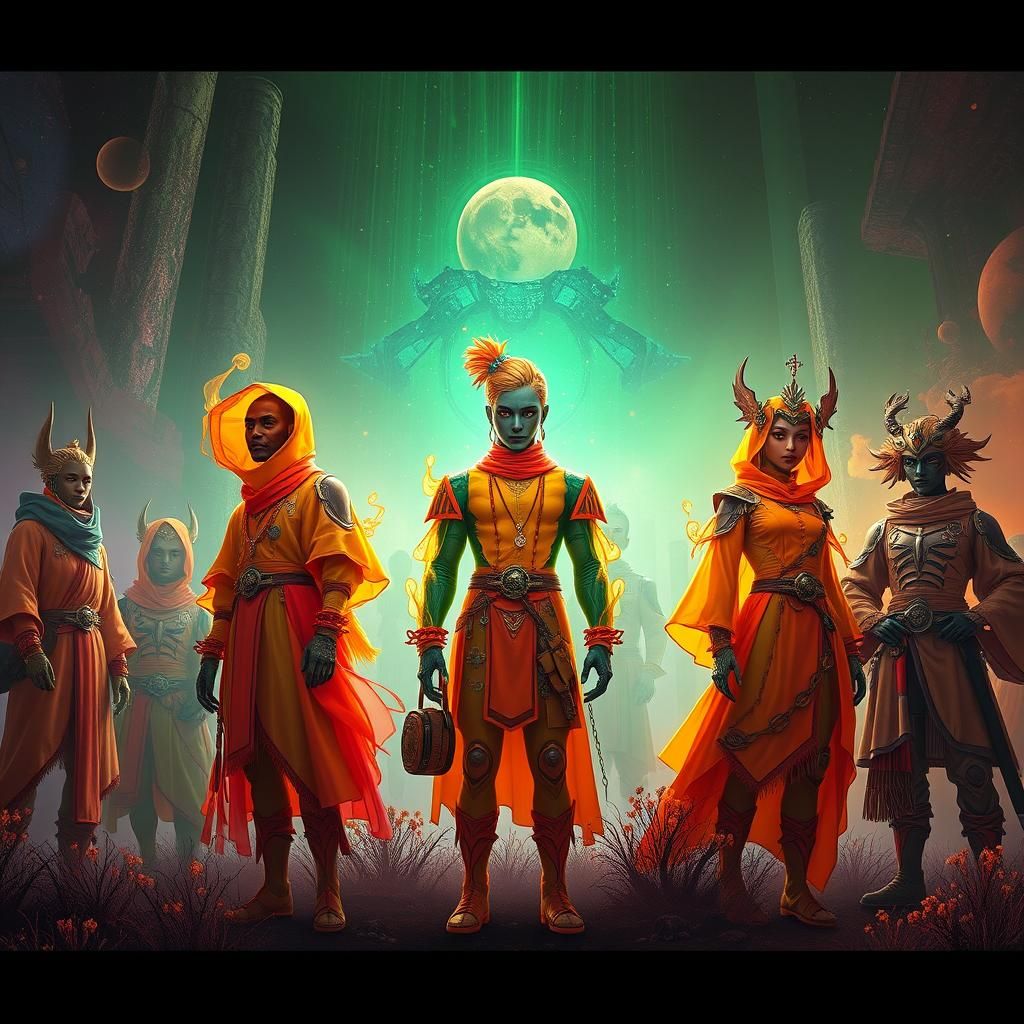 Mystical Characters in Orange and Green Realm