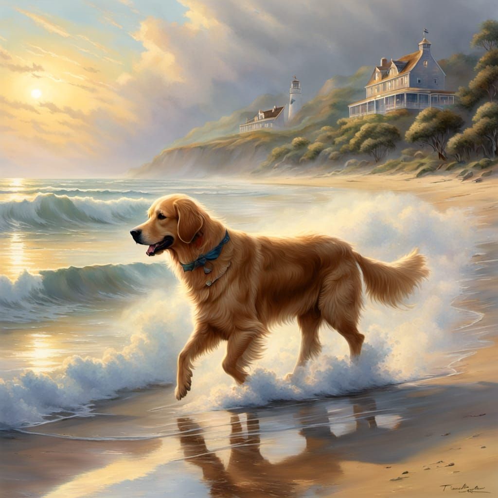 Golden Retriever Beach Stroll in Ethereal Fantasy Style
