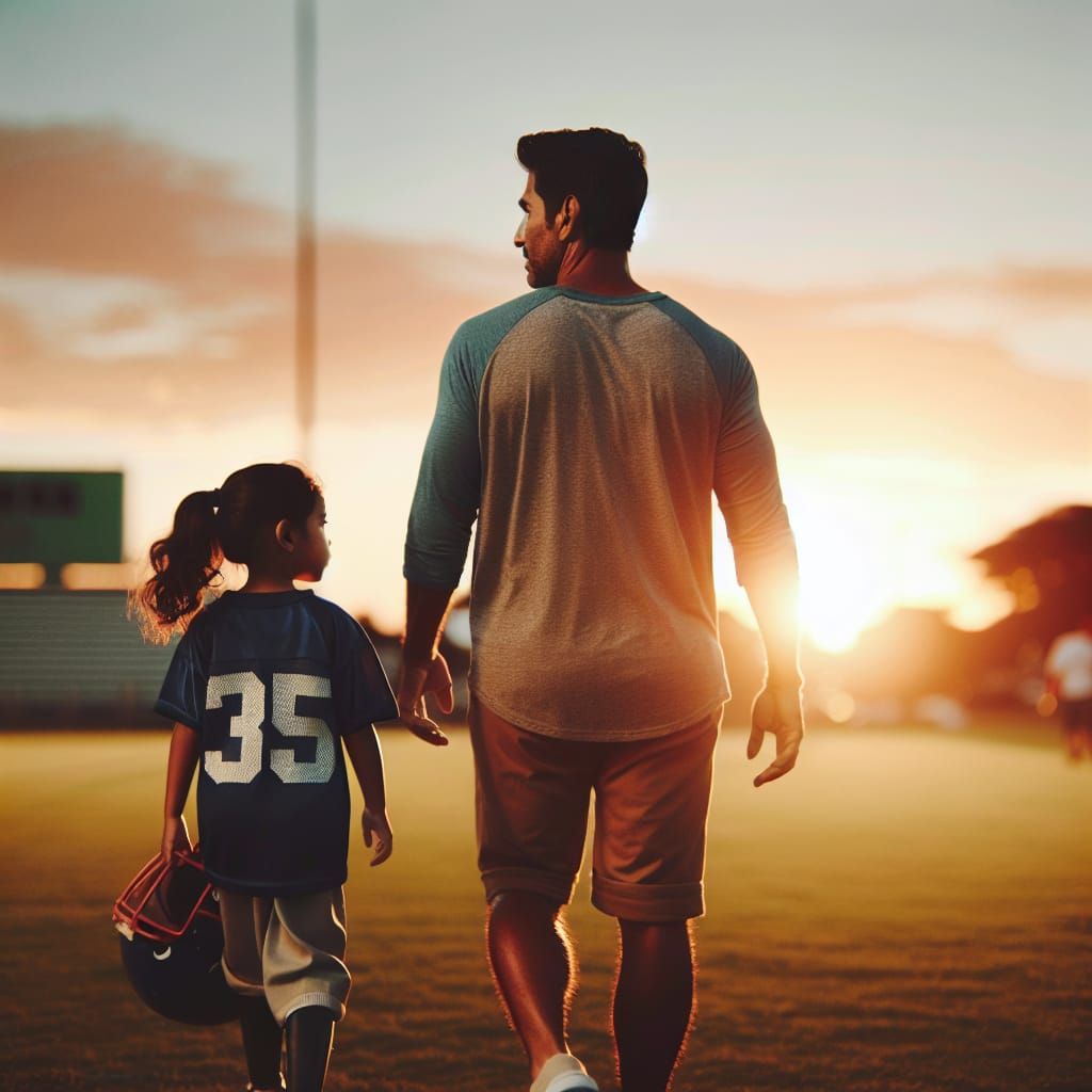 Father and Child Leaving Soccer Field at Sunset