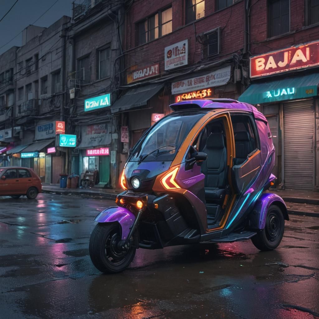 Futuristic Three-Wheeled Vehicle Parked on Neon Street