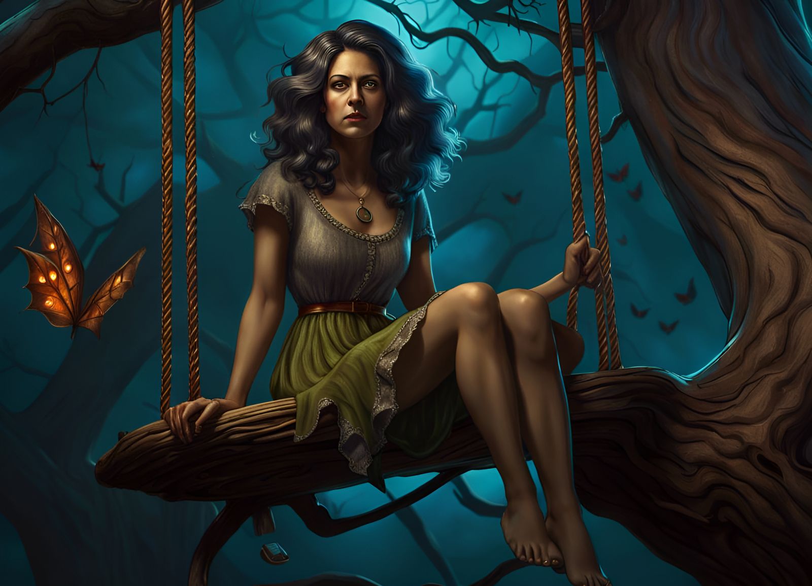 Ghoulish Woman on a Swing: Dark Fantasy Portrait