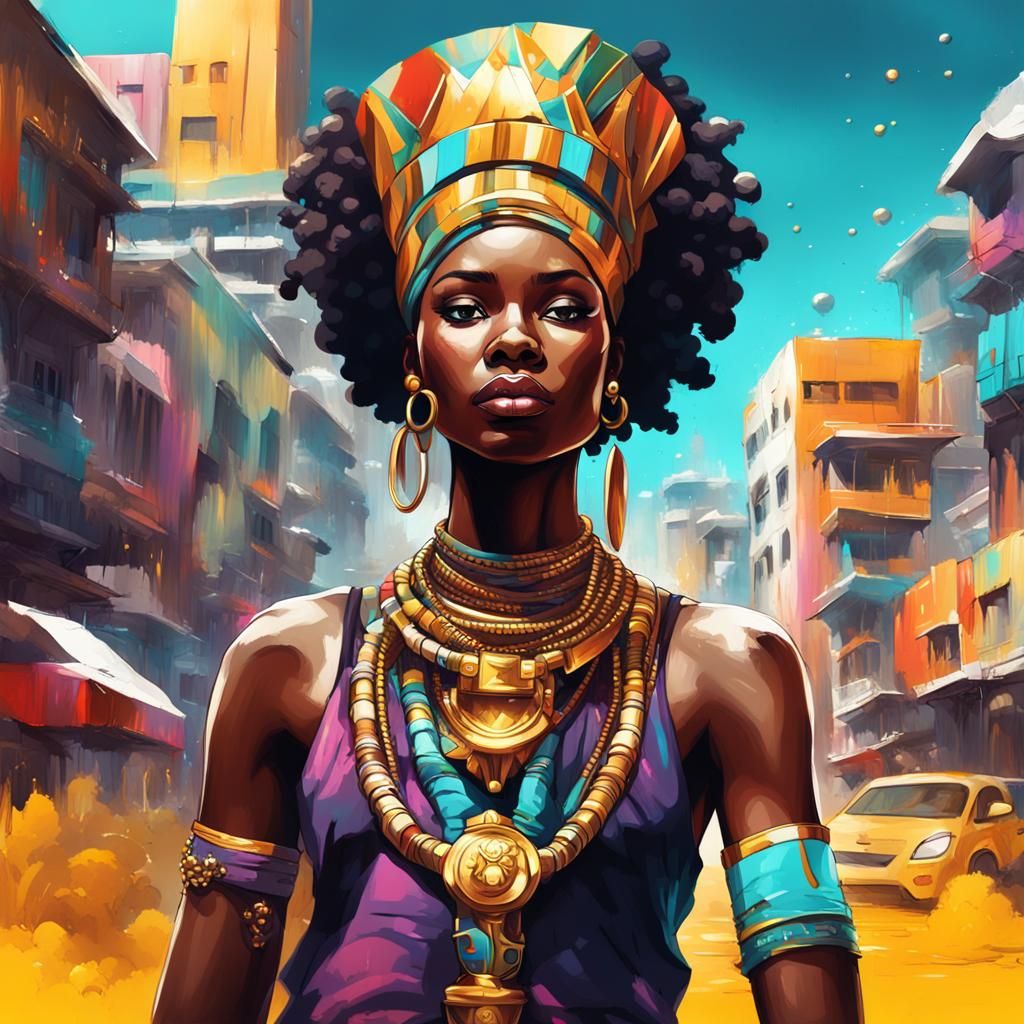 Animated African Queen in Futuristic City Graffiti Art