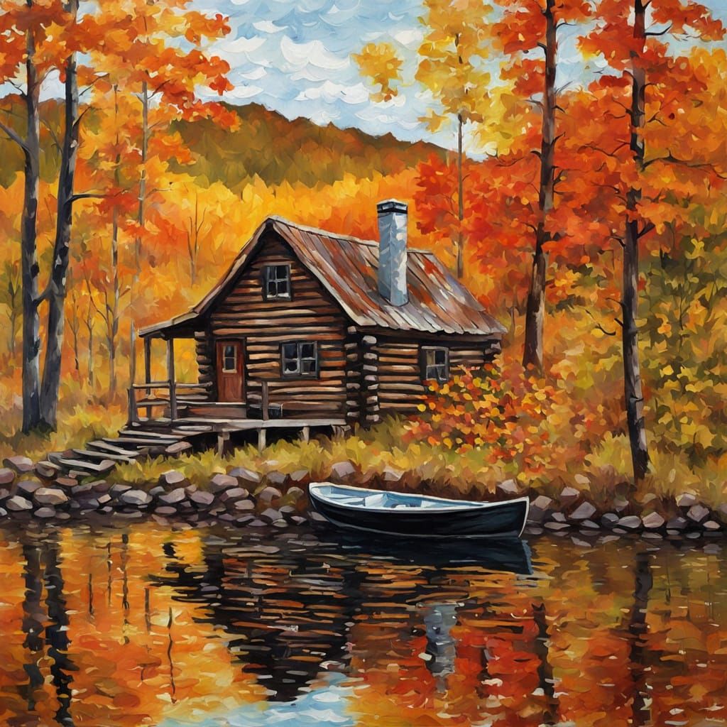 Autumn Lake Scene in Heavy Impasto Style