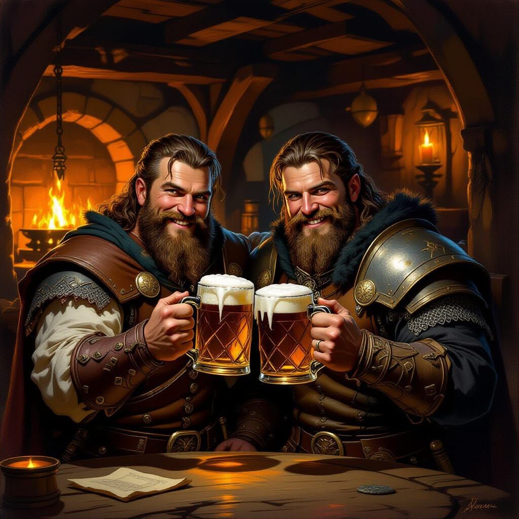 Muscular Medieval Warriors Toasting Ale in Tavern