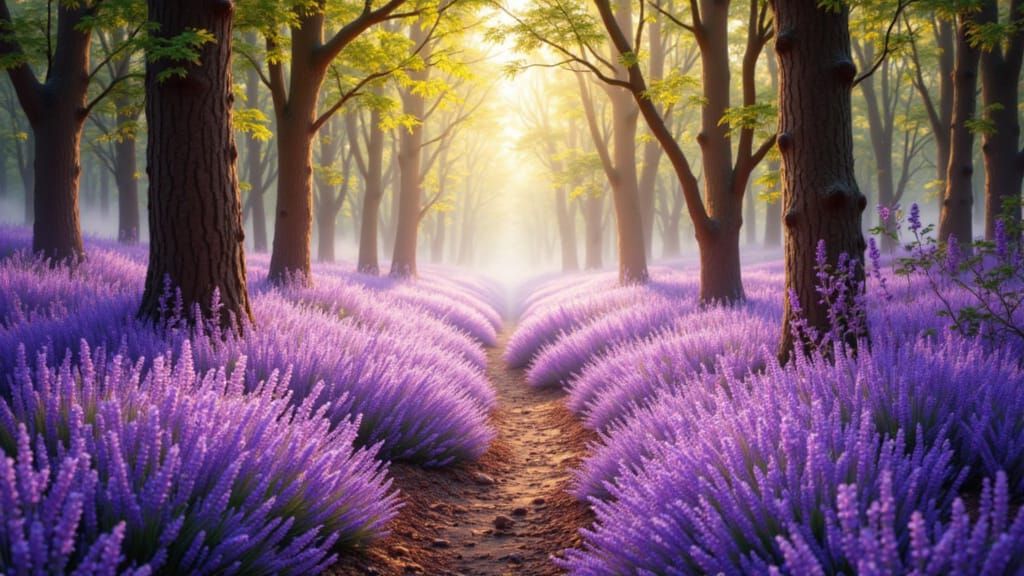 Dreamy Lavender Forest Bathed in Sunlight