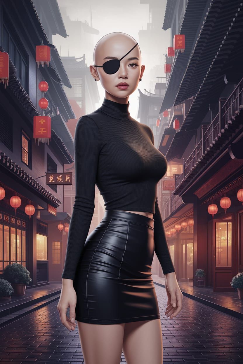 Bald Woman with Eyepatch in Foggy Chinese Town