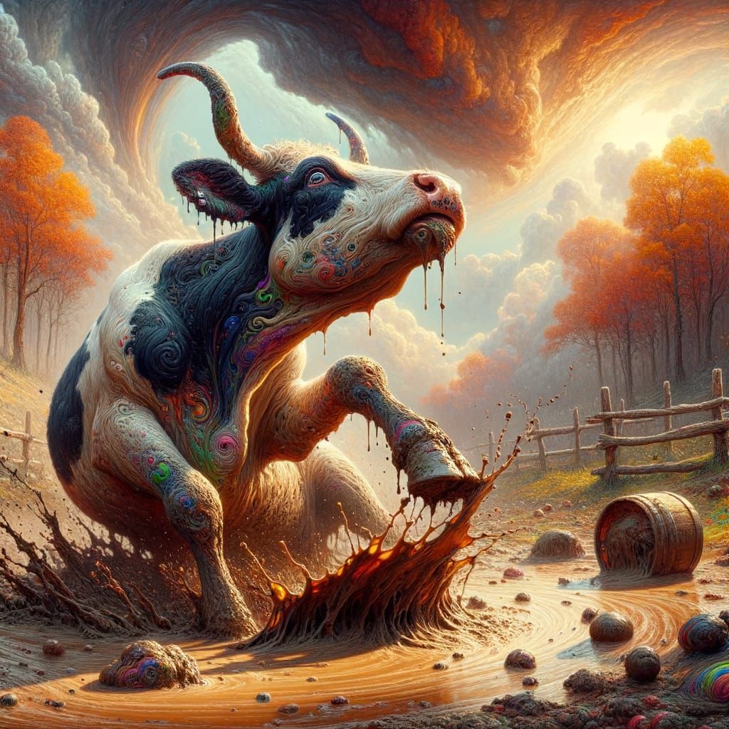A Cow Mocks the Mud in Whimsical Fantasy Art