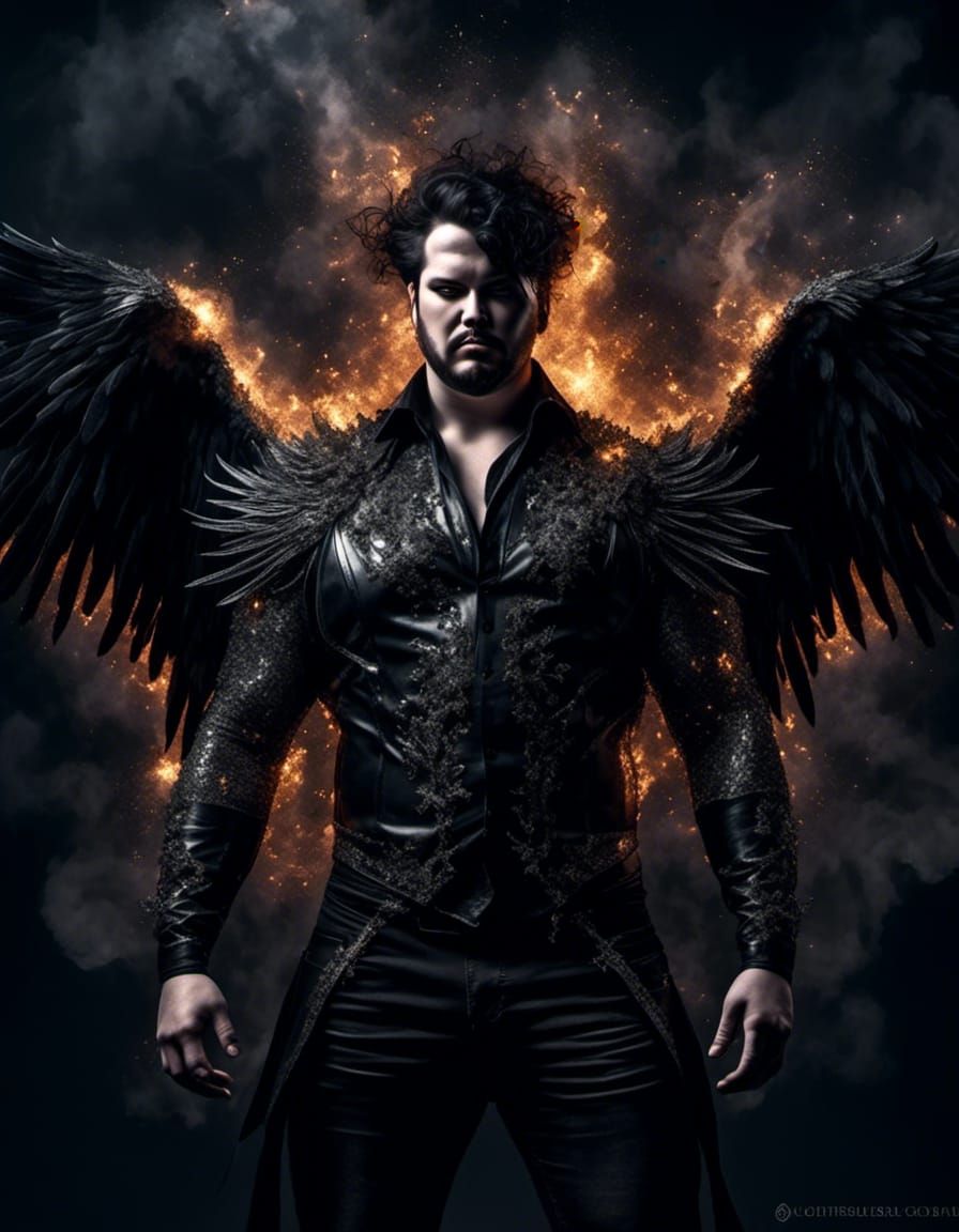 Gothic Dark Angel with Silver Flames and Black Wings