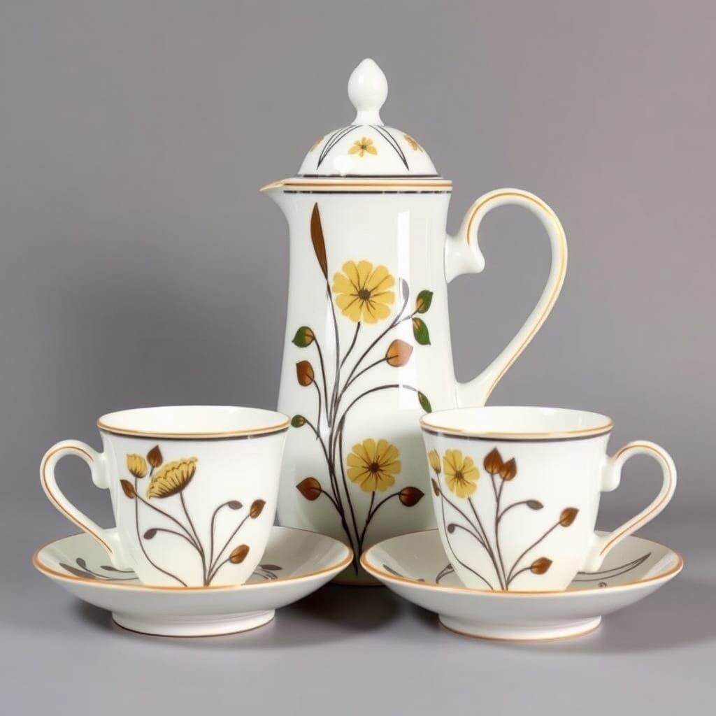 Bone china Art Deco coffee pot and cups, Clarice Cliff