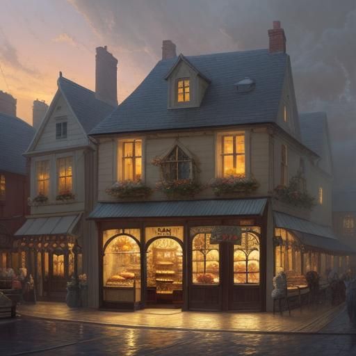 Whimsical English Bakery Shop in Warm Golden Light